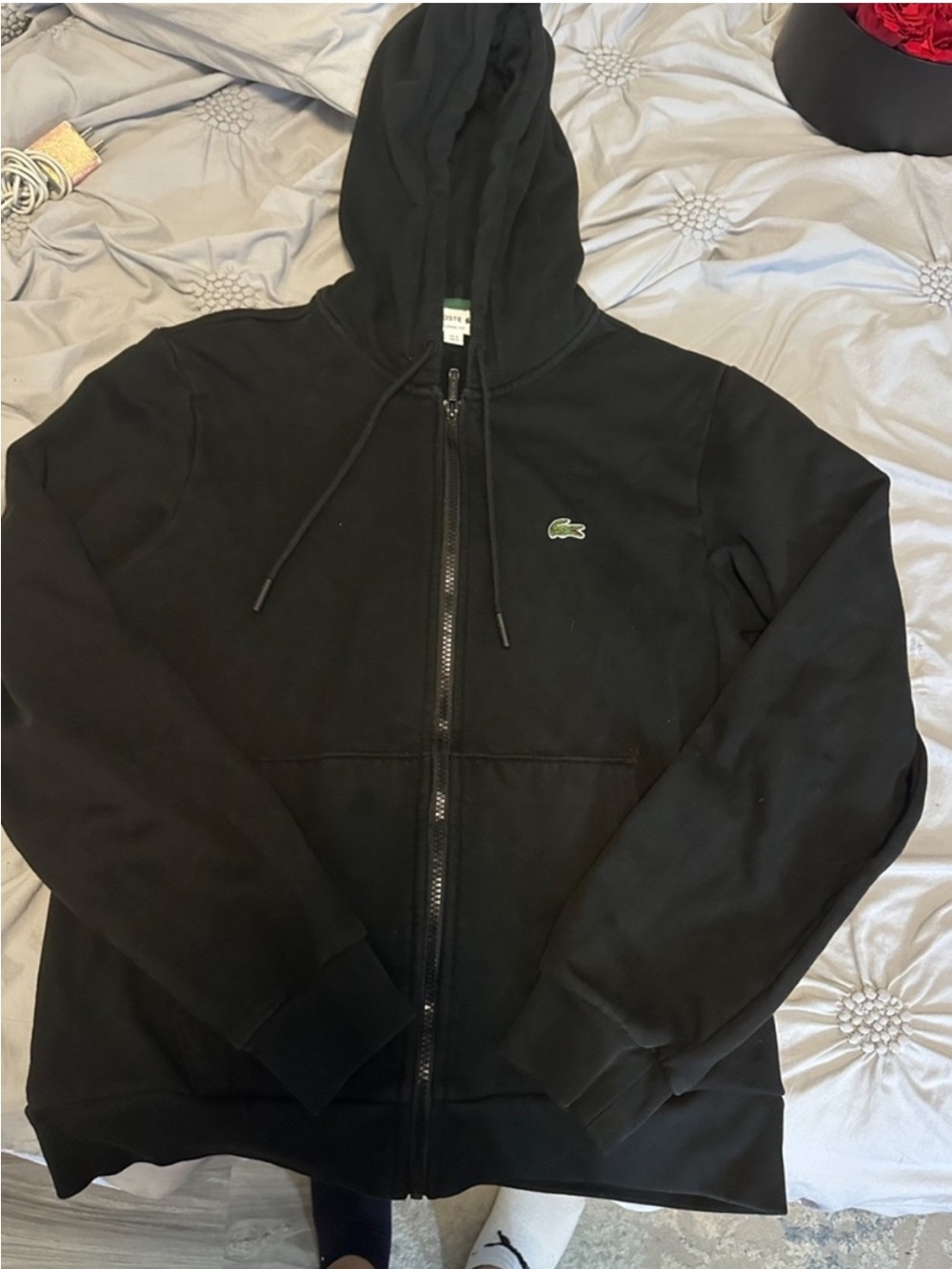 Lacoste Black Zip-Up Hoodie with Green Croc Logo